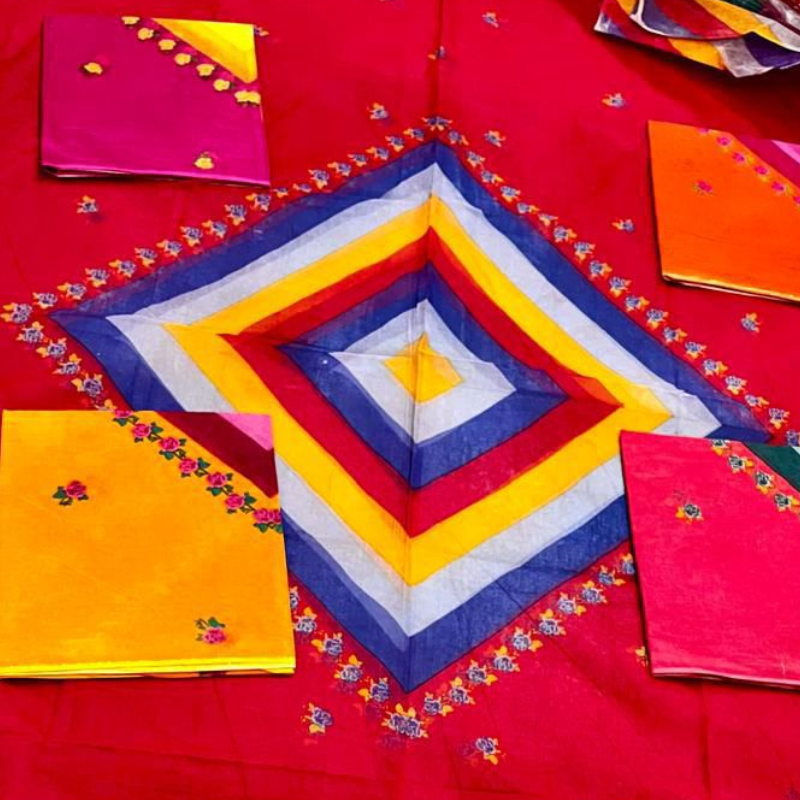 Colorful traditional Bandhej fabric with geometric pattern